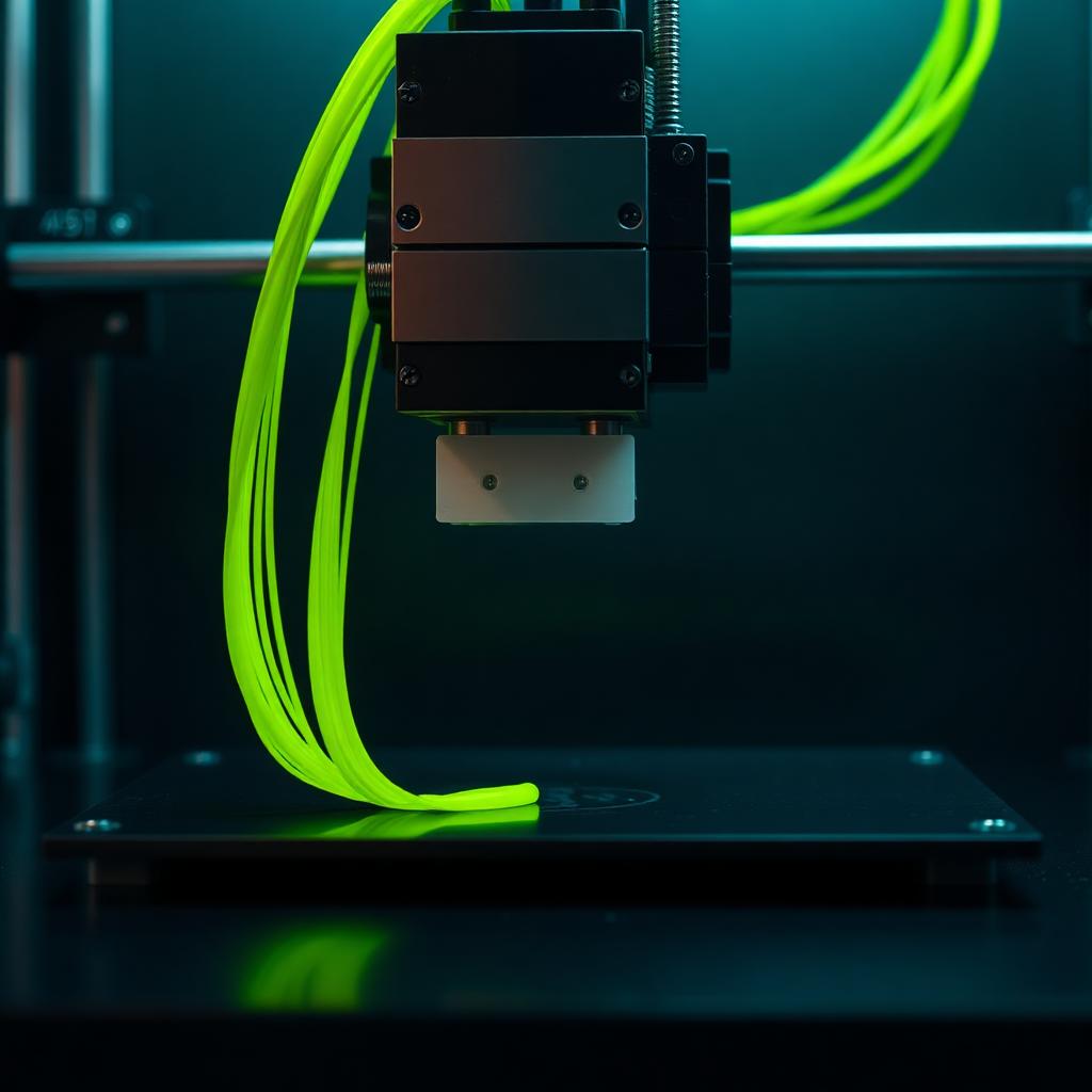 Cabeçote de impressora 3D depositando filamento neon